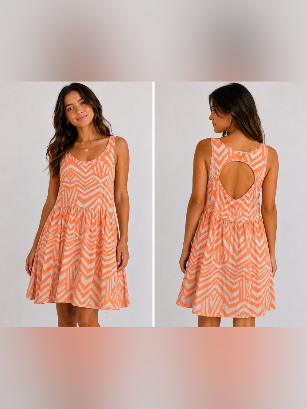 Roxy Neon Coral & White Geometric Cutout Back Sundress – Medium